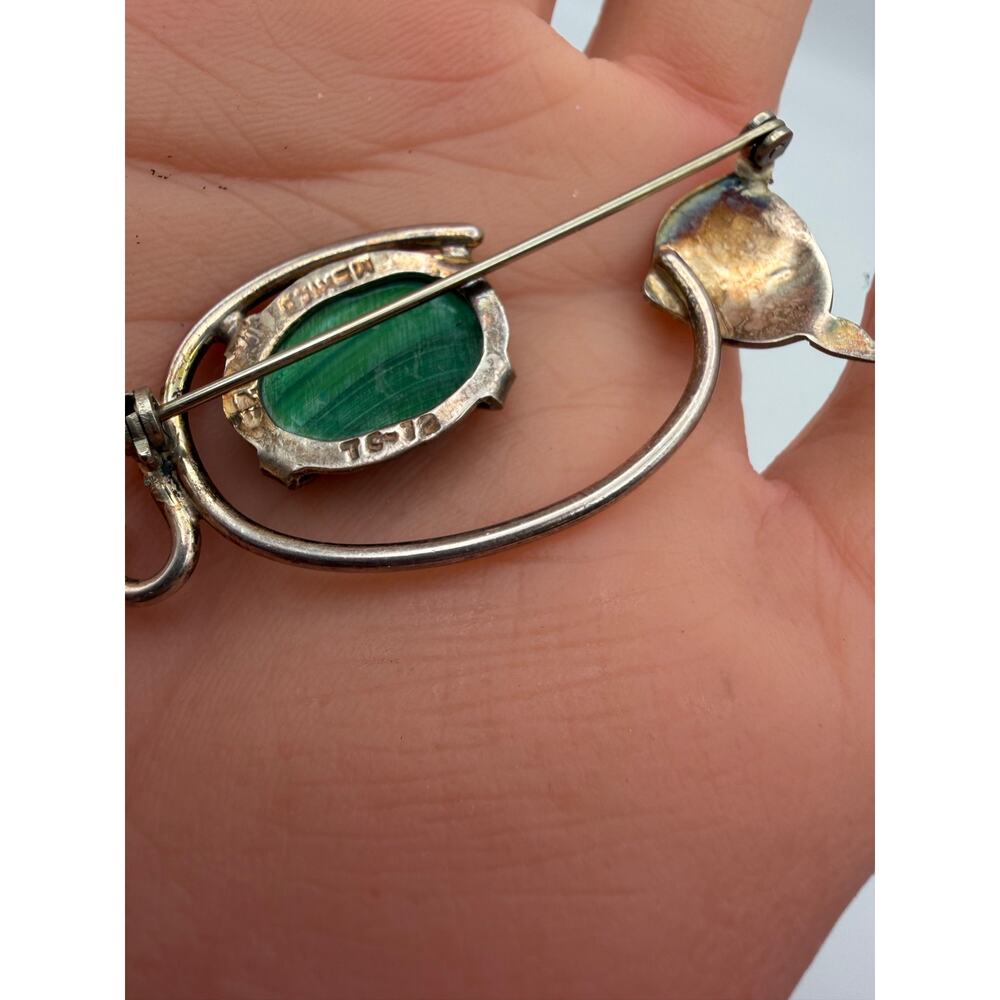 Vintage jelly belly Sterling and malachite cat pin Taxco - Picture 2 of 4